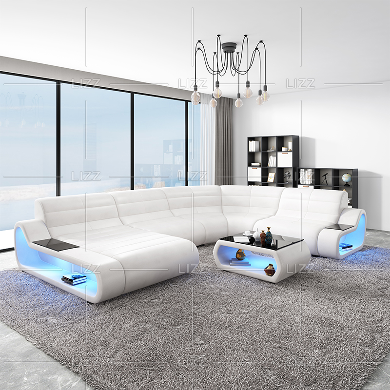 Smart White Leather Big Sectional Sofa with LED and Storage
