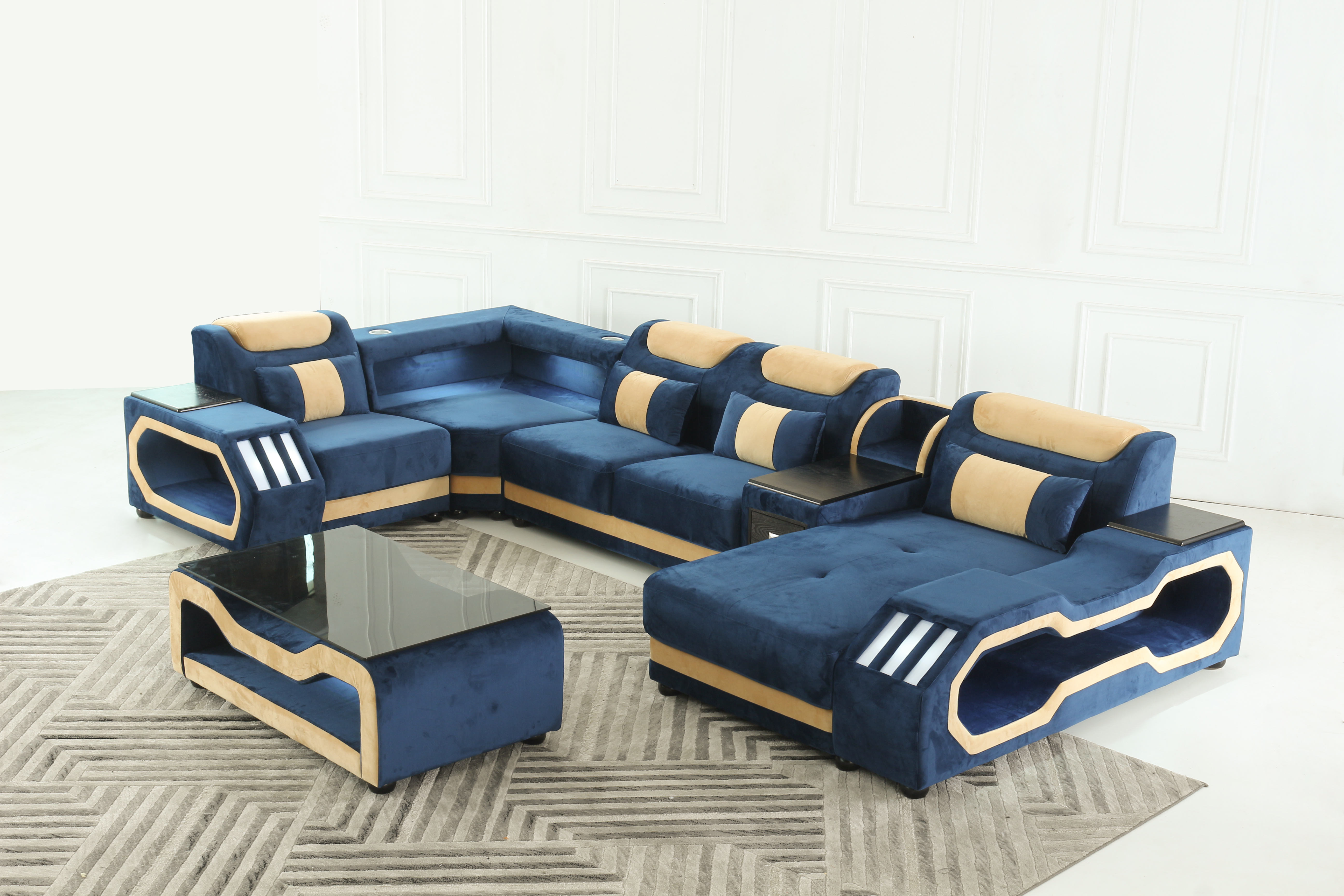 Contemporary Large Fabric Sectional Blue Living Room Sofa