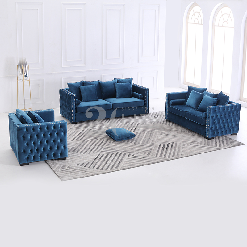 Classical Tufted Blue Velvet Fabric Sofa Loveseat and Chair