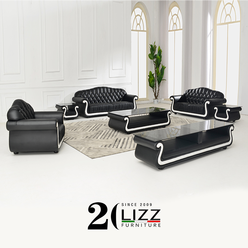 Royal Living Room Sofa Set Black Leather Chesterfield Couch