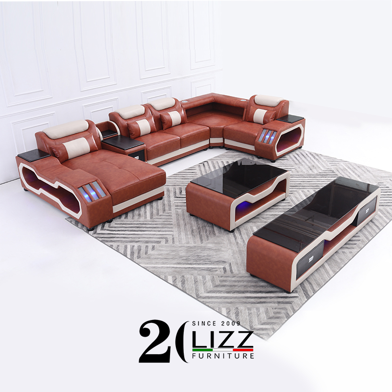 Foshan Sofa Factory Modern Sectional Couch Leather Led Sofa