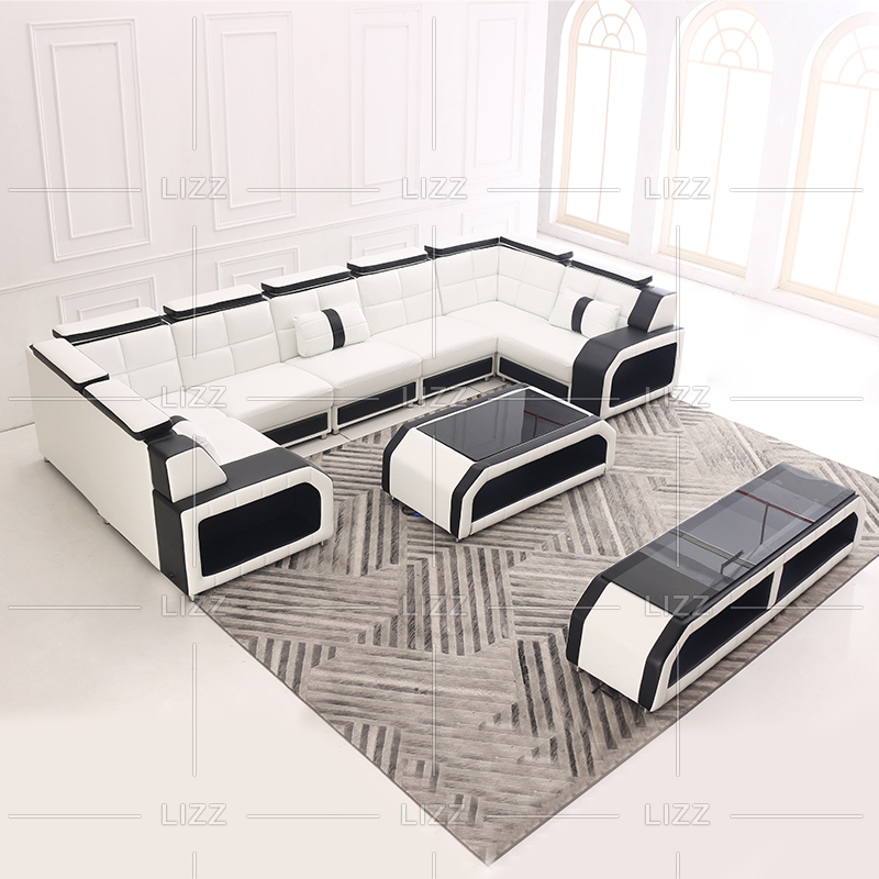 White Leather U-shape Sectional Living Room Sofa Set