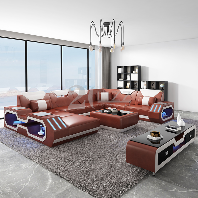 Genuine Leather Led Sectional Sofa with Chaise Lounge