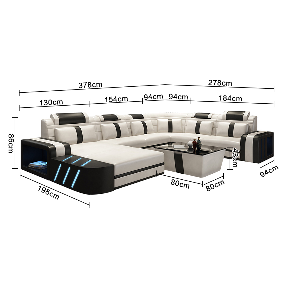 Modern Chaise Lounge Leather Led Sectional Sofa