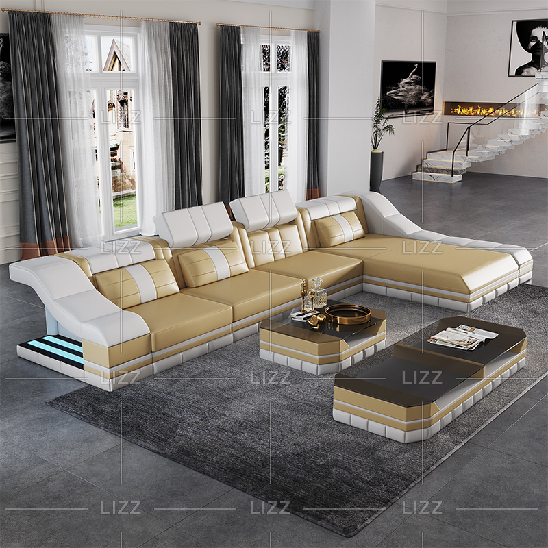 L Shape Leather Led Sectional Sofa with Coffee Table