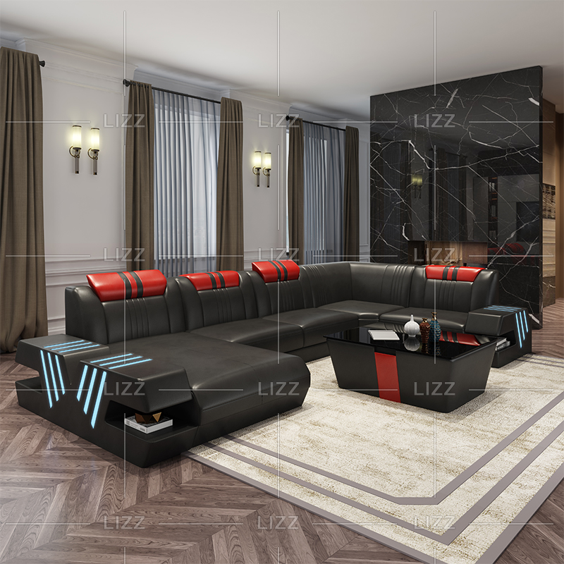 Living Room Leather Led Sectional Sofa with Pillow Backs