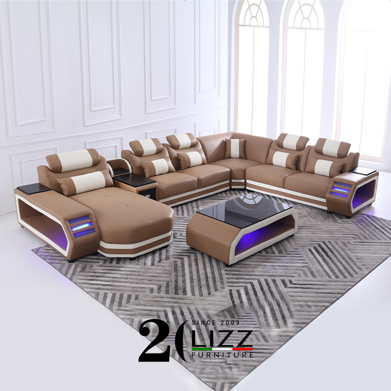 Wholesale Modern Sectional Brown Leather Sofa with LED light