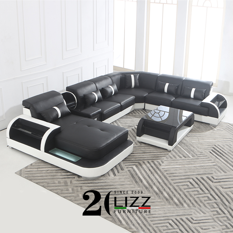 Sitting Room Furniture Leather Led Sectional U-shape Sofa